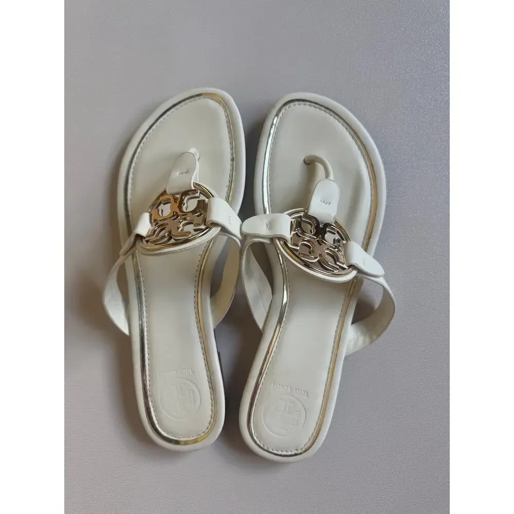 Tory Burch White and Gold Miller Thong Sandals